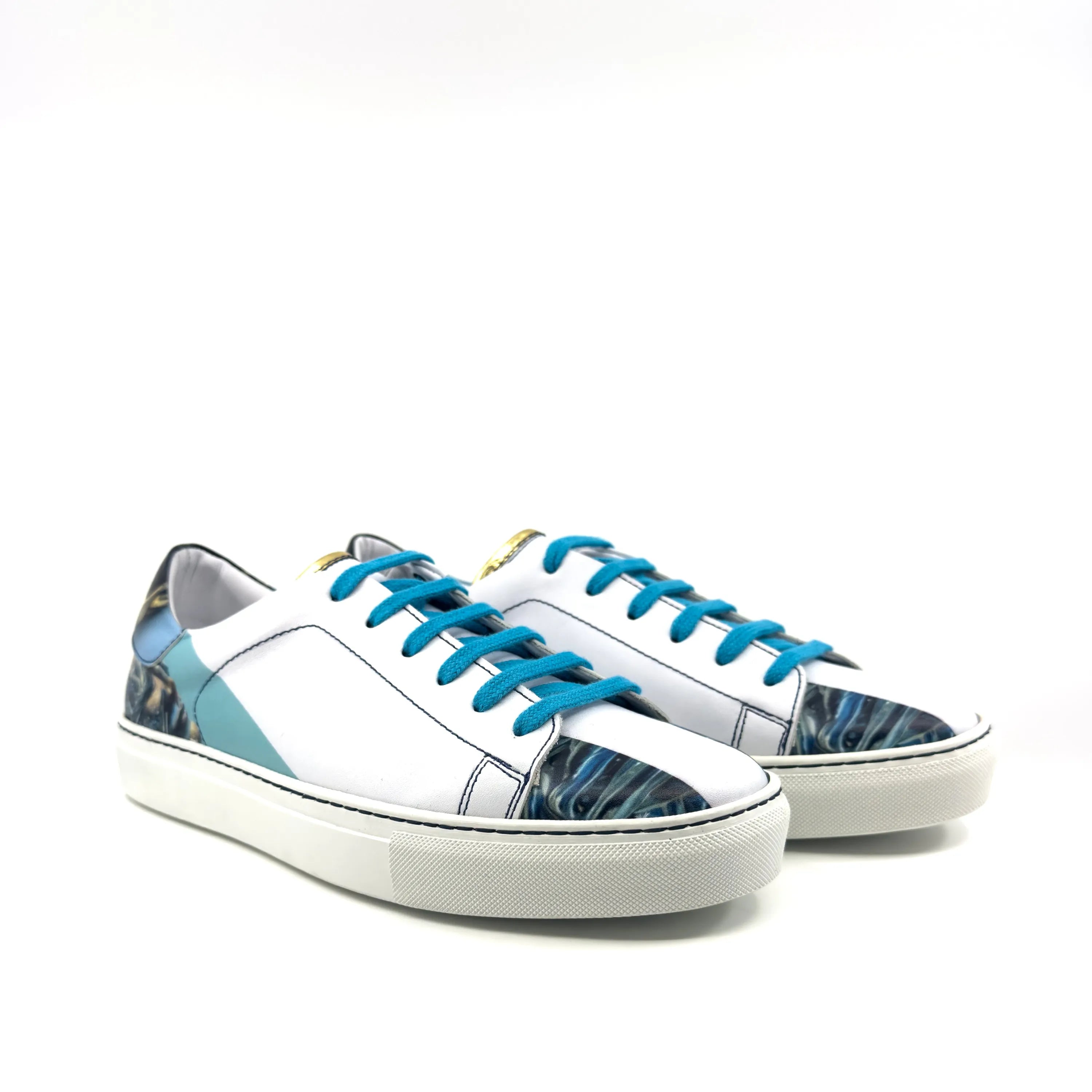 White Sentinal Trainer Sneaker with blue accents on leather
