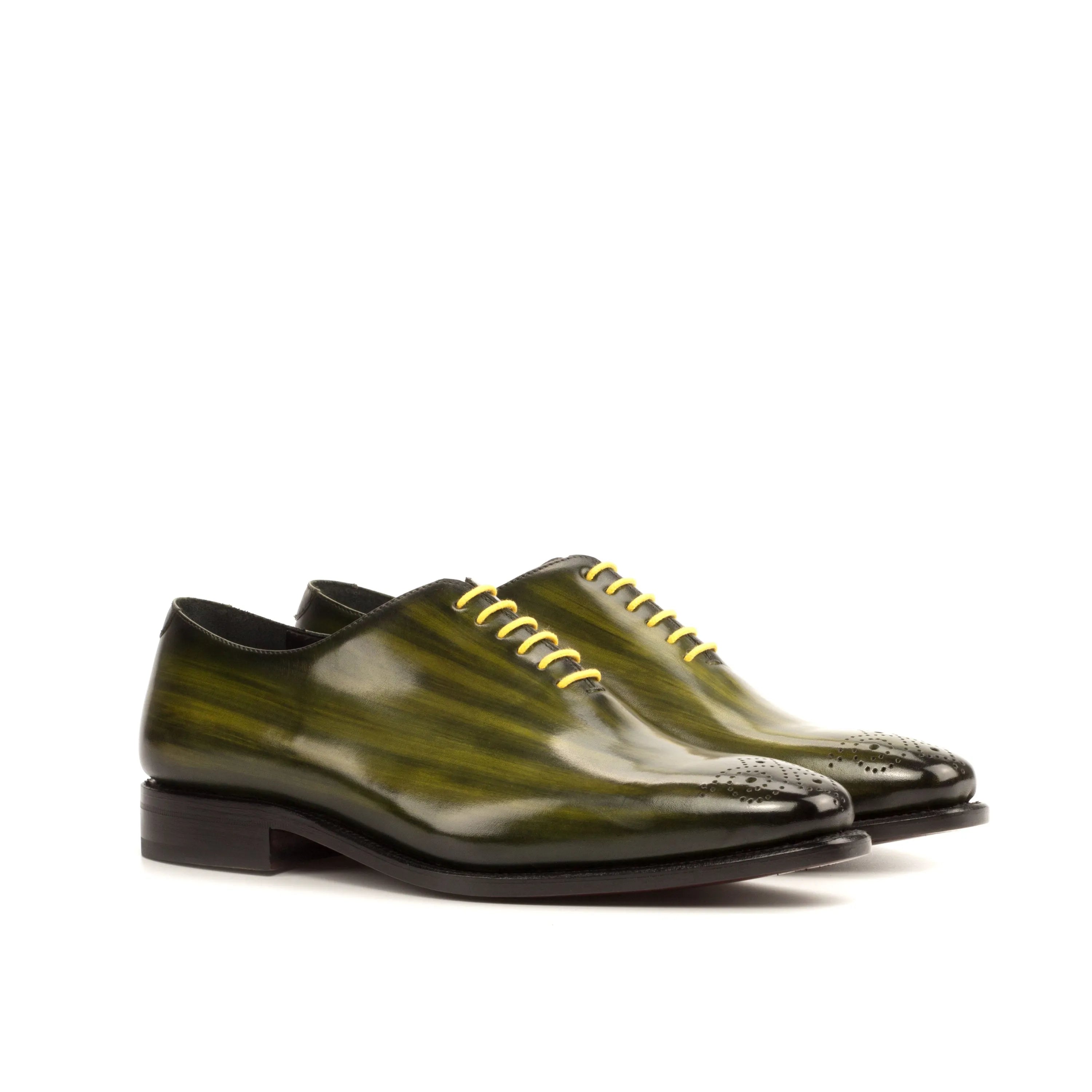 Serb whole cut patina shoes in olive green leather, back view