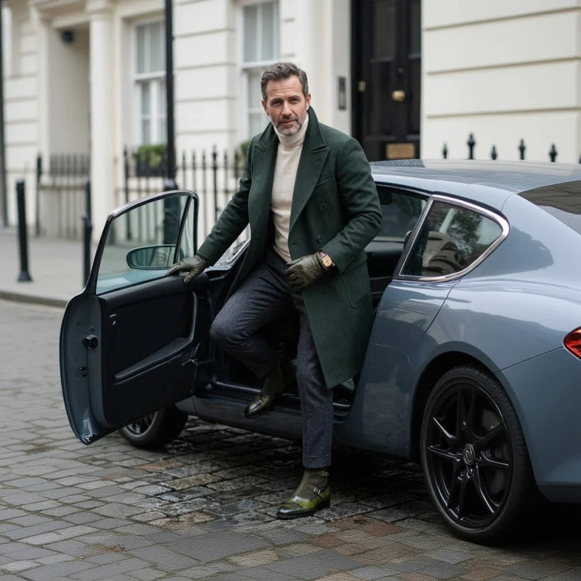 Man in Smyrna Octavian Patina Boots II wearing dark green wool overcoat stepping from car