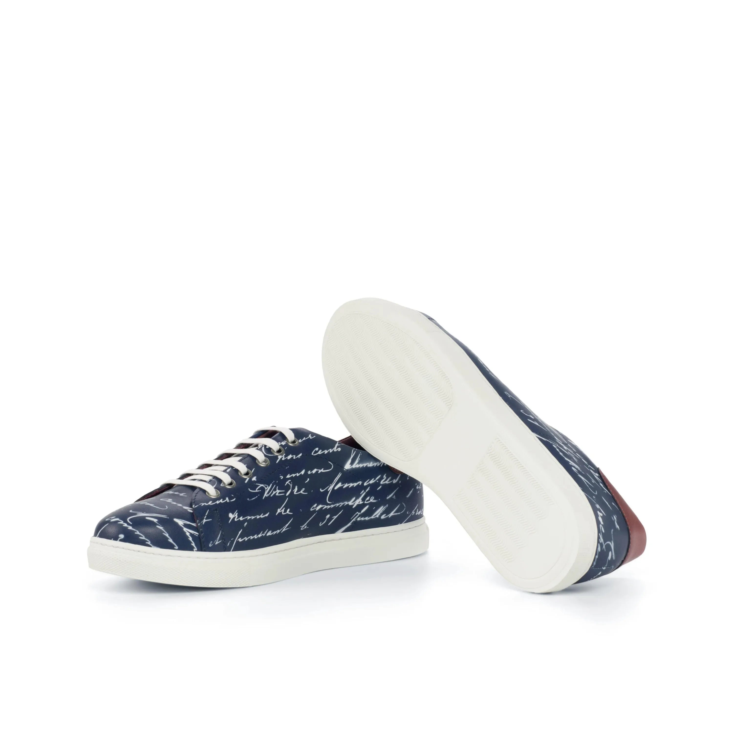 Story Trainer Sneaker II in blue and white script-covered painted calf cupsole trainer